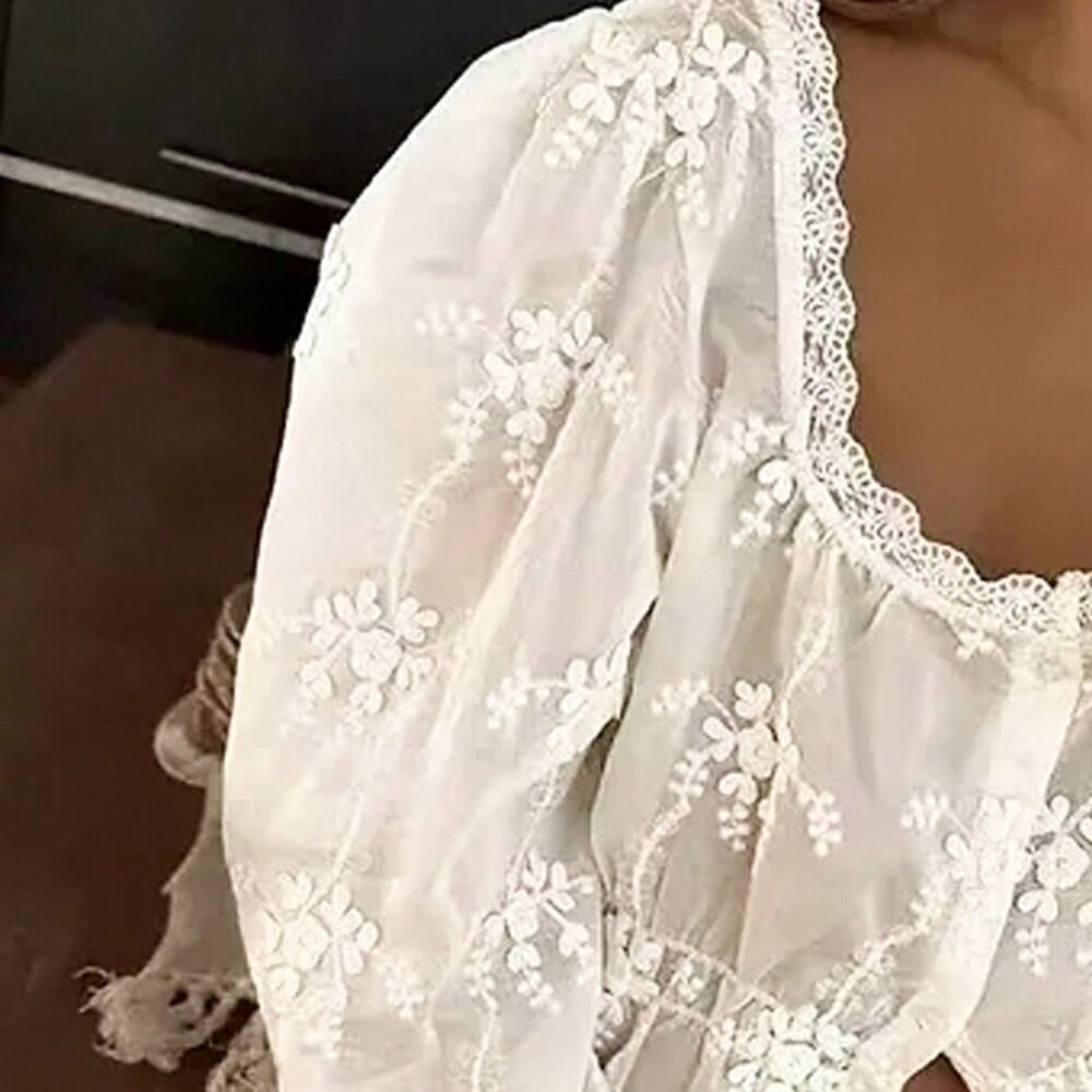 White Casual Women's Sheer Embroidered Lantern Sleeve Blouse - Picture 3 of 5